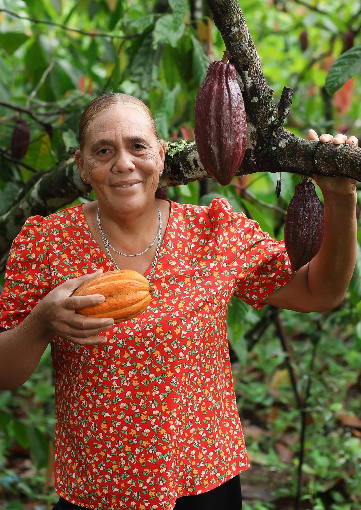 Viviana del Orbe López en su cultivo de cacao