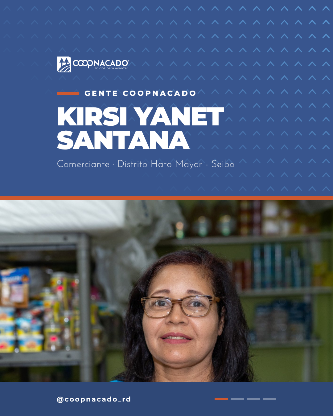 Arte original de Gente COOPNACADO: Kirsi Yanet Santana, comerciante del distrito Hato Mayor - Seibo, con su retrato y la identidad de la cooperativa.